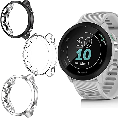 Giaogor Coque de protection ultra fine en TPU pour Garmin Forerunner 55, Noir/transparent/argenté,