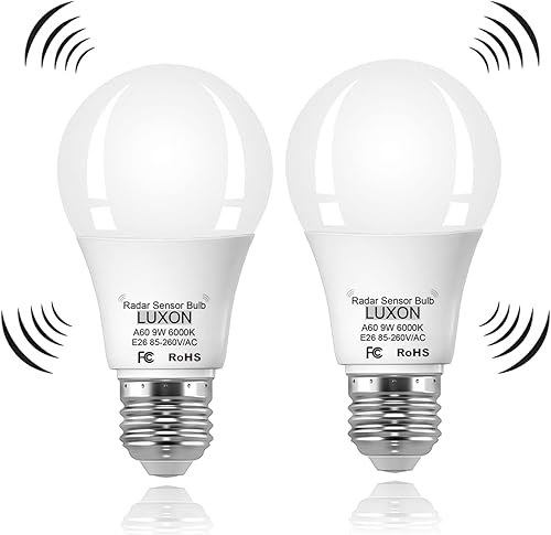 LUXON Bombillas con sensor de movimiento radar, bombillas LED del anochecer al amanecer, para exteriores, 9 W, 6000 K, luz diurna, base A19 E26,