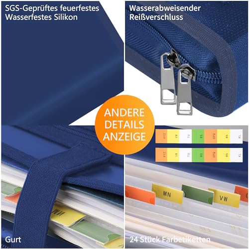 JUNDUN Fächermappe - Dokumentenmappe a4 mit mehreren Fächern - Feuerfest Dokumententasche mit Reißverschluss und Etiketten - für A4-Dateien und mehr(13 Fächern, Blau)
