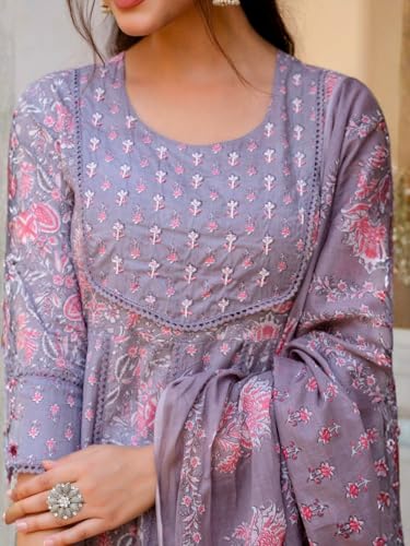 Image of Pure Cotton Anarkali Kurta Set for Women with Dupatta | 3 Piece Cotton Anarkali Suit | Floral Aari Work | Flared Ethnic Wear