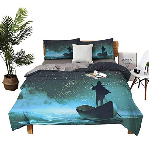 DRAGON VINES Silk Sheets Ocean Twin Bed Sheets Man Rowing Boat in Sea