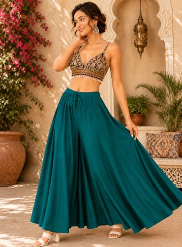 Image of TNQ Palazzo Pants for Women Rayon Full Flared Free Size | for Any Kurti | Ethnic Or Casual Wear (IN, Alpha, 2XL, Teal Green)
