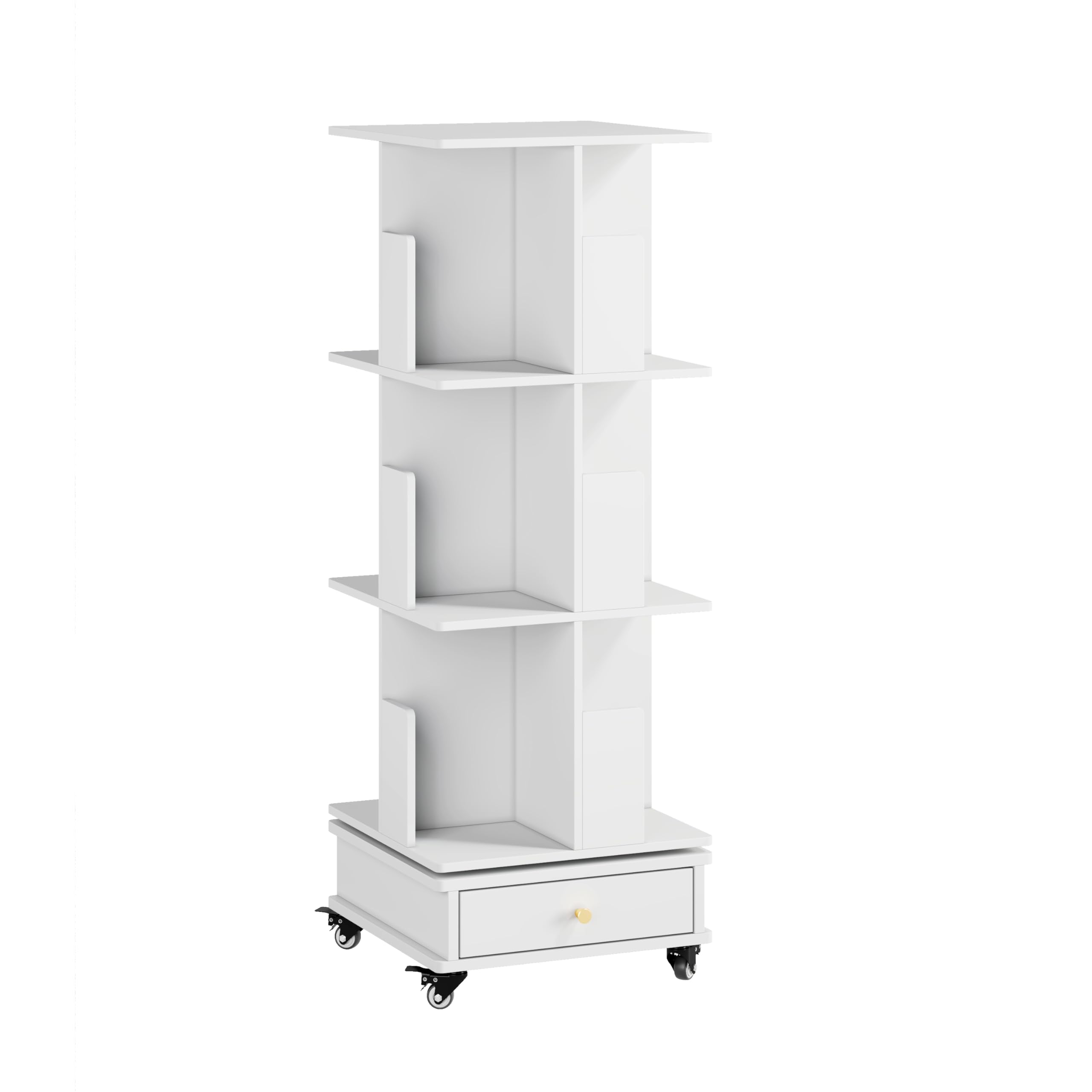 Libreria Girevole a 3 Livelli, Libreria Girevole 360 Gradi con 1 Cassetto e 4 Rotelle, Scaffale Girevole con Illuminazione a LED, Organizer per Soggiorno Studio Ufficio Libri, Bianco
