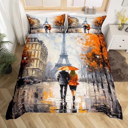 jejeloiu Orange Eiffel Tower Bedding Set Queen Size Couple Valentine's Day Comforter Cover Set for Girls Women Lover Romantic Paris Duvet Cover France Trip Bedspread Cover Room Decor Quilt Cover