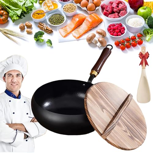 Mexicoify Uncoated Thick Iron Pot, Coating Cast Iron Pot, Suntuup Japanese Iron Pan, 9.4/11in Stir-Fry Pans Set & Wok with Lid Non Stick for Induction, Electric, Gas (Hammer-Wood Cover, 9.4in)