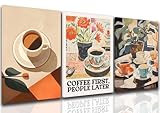 Vintage Coffee Kitchen Canvas Wall Art Set of 3, Fashion Aesthetic Flowers Espresso Poster Picture, Simple Travel Drinks Wall Decor Painting Prints for Dining Room Cafe Bar 12x16 Inch Framed