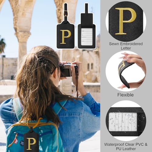 Image of Initial Letter Luggage Tags for Suitcases, Personalized Embroidered Letter Luggage Bag Suitcase Identifier Name Tag, Cute PU Leather Travel Luggage Tags, Bag Tags for Luggage Handbags(Black P)