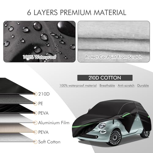Image of Replace for 2007-2023 Fiat 500 /500C Car Cover 210D Outdoor Waterproof UV Snow Rain Protection, with Cotton Layer, Zipper Door, Reflective Strip, Storage Bag, for Abarth Turbo Sport Lounge Pop