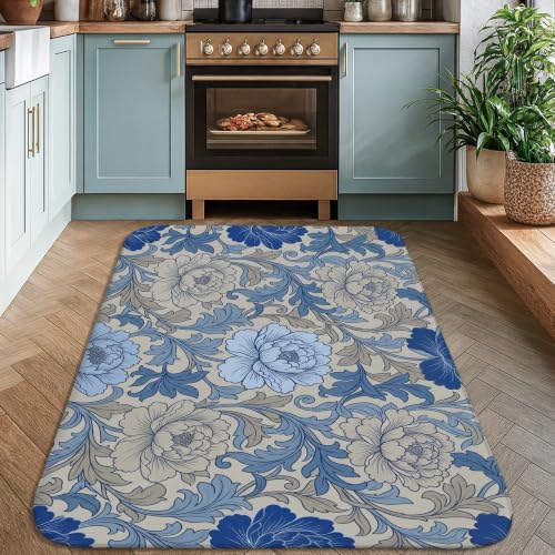 Alfombra antideslizante rectangular azul floral decorativa de dormitorio 4