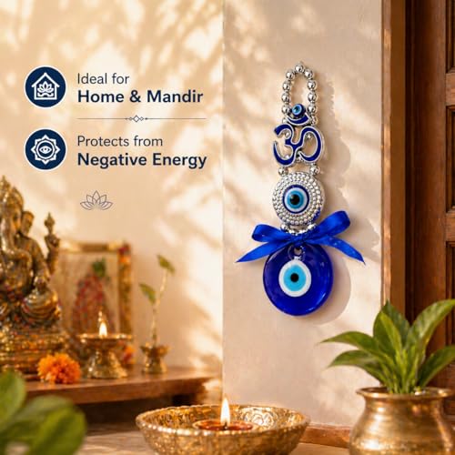 Image of BLUE BEADS Ceramic Turkish Feng Shui Vastu Blue Glass Evil Eye Hanging /Door Hanging Nazar Batu For Protection And Good Luck - Perfect For Gifting Home Or Office (Om)