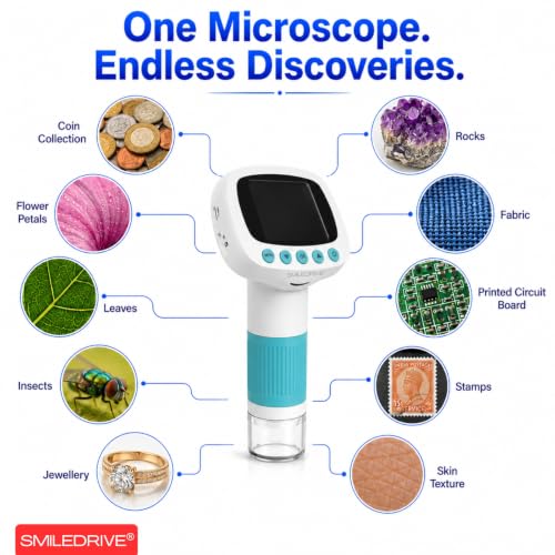 Image of SMILEDRIVE 1000X Digital Microscope for Kids | 8 Adjustable LED Lights | Portable Handheld Pocket Microscope with 2.0 inch IPS Screen| Rechargeable with Lanyard | For Coins, Plants, PCB & Learning