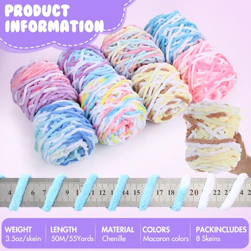 Image of Buryeah Chunky Chenille Yarn for Crocheting Soft Thick Fluffy Yarn for Hand Knitting Bulky Velvet Blanket Plush for Weaving DIY Crafts Each 3.5 oz 55 Yards(Macaron Colors,8 Pack)