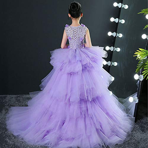 Girls' Adela Lace High Neck Pageant Dresses Ball Gown Hi-Low Applique 12 Lavender With Removable Train3