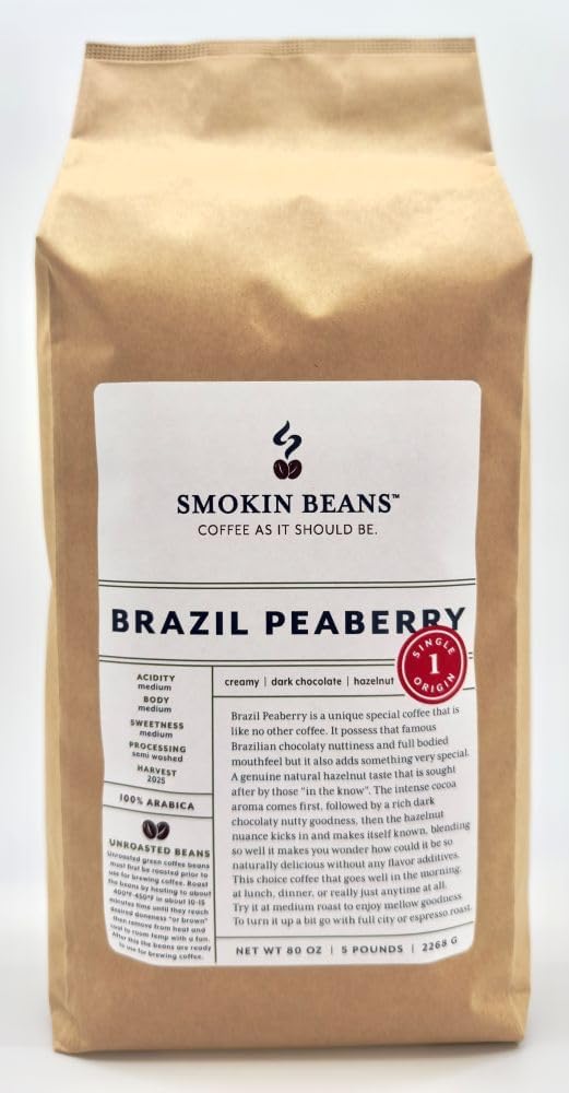 5-Pound Brazil Peaberry, Unroasted Green Arabica Coffee Beans, Fresh Current Crop Specialty Grade, Roast the Beans Yourself at Home on Your Roasting Equipment Prior to Using for Brewing Coffee