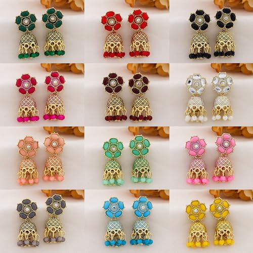 Image of Traditional Jhumka meenakari oxidised kundans flower Jhumka Earrings, Floral Design with Beaded Danglers, Multiple Colours Available