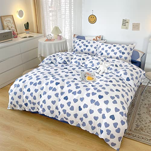 Layenjoy Blue Love Heart Print Kids Duvet Cover Set Queen White 100% Cotton Bedding Set For Teens Boys Girls Reversible Comforter Cover Full, No Comforter #TOP1