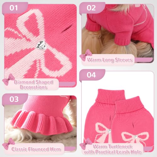 Image of YUDODO Bowknot Dog Sweater Dress for Small Dogs Girl, Stretchy Pet Clothes