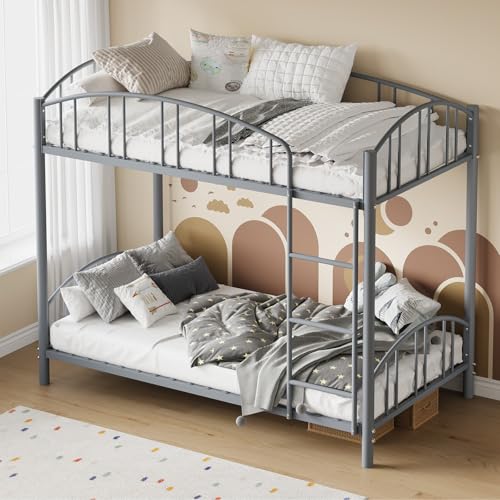 Garvee Bunk Bed Twin Over Twin with Ladder and Arched Guardrail, Heavy Duty Bunkbeds Frame with Sturdy Steel Slats Support for Kids Boys Girls, Space-Saving, No Box Spring Needed, Gray