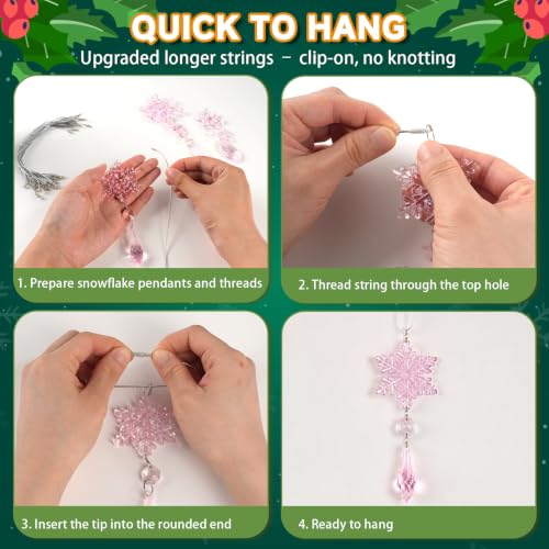 Image of 36pcs Crystal Christmas Ornaments for Tree Decorations, Pink Hanging Acrylic Snowflake Icicle Star Ornaments with Drop Pendants for Winter Wonderland Chandelier Crystals Decorations Supplies