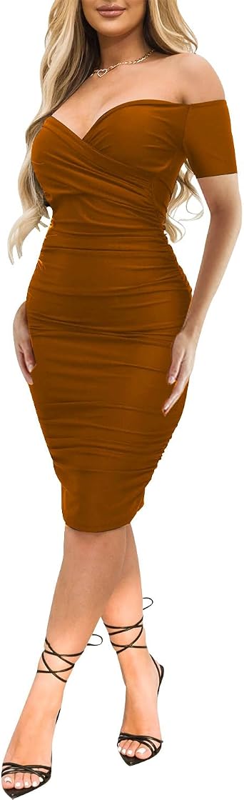 Rodawu Womens Sexy Deep V Neck Off Shoulder Bodycon Midi Dress