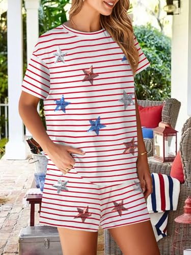 Image of VILOVE 4th of July 2 Piece Sequin Outfits Women 250 Anniversary Usa Shirts and Short Sets Casual Patriotic Shirt Summer Set