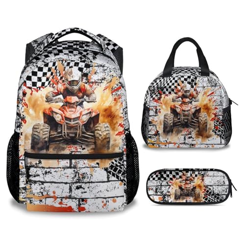 Backpack and Lunch Box Set for Kids, Dirt Bike Kindergarten Backpacks Matching Combo for School, Funny Bookbag Lunchbag and Pencil Pouch Bundle for Boys
