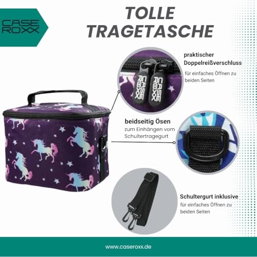 caseroxx Transporttasche für Tonie- und Tigerbox zum Umhängen transportieren mit einzigartigem Einhornmuster- lila Design, kindgerecht und hochwertig