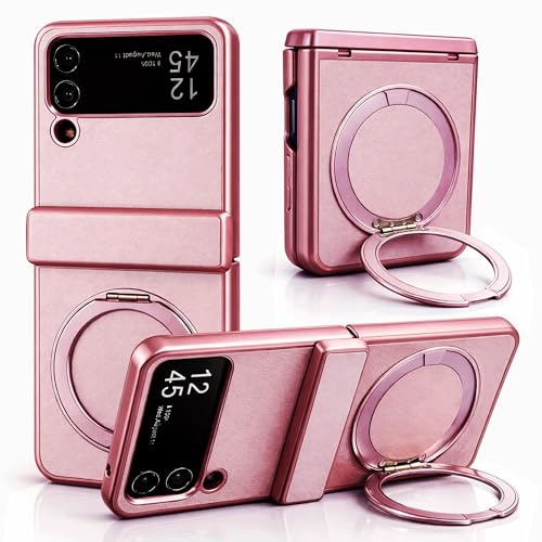 ZERUK Genuine Leather Case for Samsung Galaxy Z Flip 4 Slim MagSafe Compatible Cover with Hinge Protection Military-Grade Drop Protection 360 Rotating Magnetic Kickstand (Pink Z Flip4)