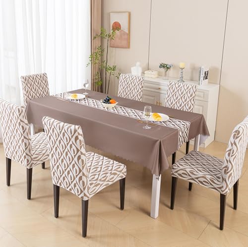 Image of HOMETHREADS Stretchable Elastic Jacquard Chair Seat Cover and Waterproof Dining Table Cover - Removable & Washable, Durable Seat Protector for Dining Room (Brown, 6Chairs+1Table Cover (150X220))