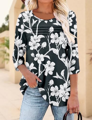 KISSMODA Women's Casual 3/4 Sleeve T-Shirts Round Neck Cute Tunic Tops Basic/Pleated Summer Tops Trendy Spring Blouses