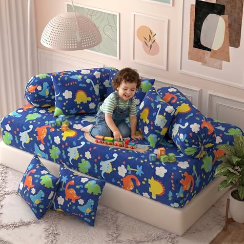 Image of Filymore Dinasour 8 Pieces Diwan Set for Kids and Living Room Made with Pure Microfiber Package Contains One Single Bedsheet, 5 Cushions Covers and 2 Bolster Covers (Colour -Blue)