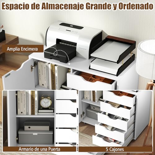 COSTWAY Cajonera para Armario, Cómoda Móvil de 5 Cajones con Estante Ajustable, Soporte para Impresora con 5 Ruedas para Casa, Cómoda de Almacenamiento Vertical de Madera (Blanco) - imagen 5