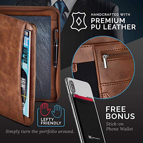 Image of NERO MANETTI- Zippered Vegan Leather Padfolio /Portfolio Pad Holder-Business PU Leather Notepad Folder for Resumes, Interviews, iPad /Tablet, Phone, Legal Pad Notebook Executive Binder for Women, Men