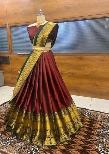 Image of RENVAANI Women's Traditional Kanjivaram Kanchipuram Silk Unstitched Lehenga Choli with Dupatta (MAROON BT)