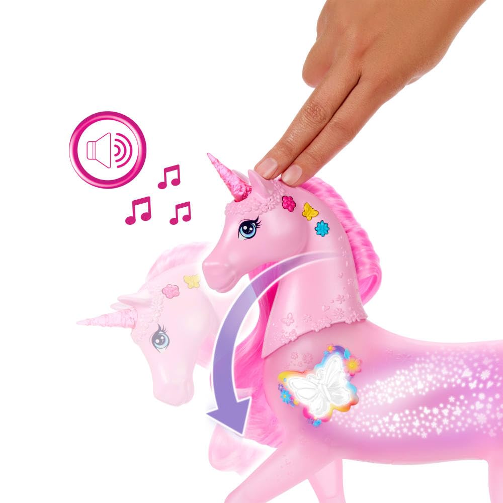 Barbie - Unicorno Luci Brillanti, cavallo con 20 combinazioni interattive di luci, suoni e musica, premi i pulsanti e accarezza la testa per attivarlo, giocattolo per bambini, 3+ anni, JCP78