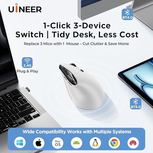 Uineer Ergonomic Wireless Vertical Mouse, 3-Mode Bluetooth 5.0/4.0 & 2.4GHz | Rechargeable, USB-A Receiver, Silent Computer Mouse for Laptop, Mac, iPad and PC, 4 DPI Levels, LED Light, 3-Device Switching - image 4