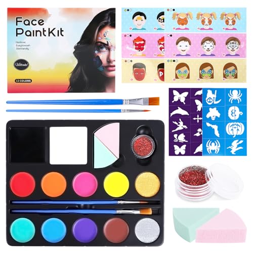 Body and face paint kit, kit de maquilhagem infantil 12 cores paleta 18 palmilhas reutilizáveis pintura facial lavável para crianças seguro não tóxico uso diário e atividades criativas