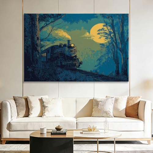 Art moderne aesthetic train à vapeur : tableau haut de gamme encadré forêt