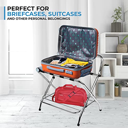 Ustech 2 Tier X Shaped Luggage Rack Made Of Premium Steel, With Nylon Straps, Rubber Feet, & High Back To Hold Suitcases & Luggage | Chrome Finish | Available In A Foldable Style #TOP4