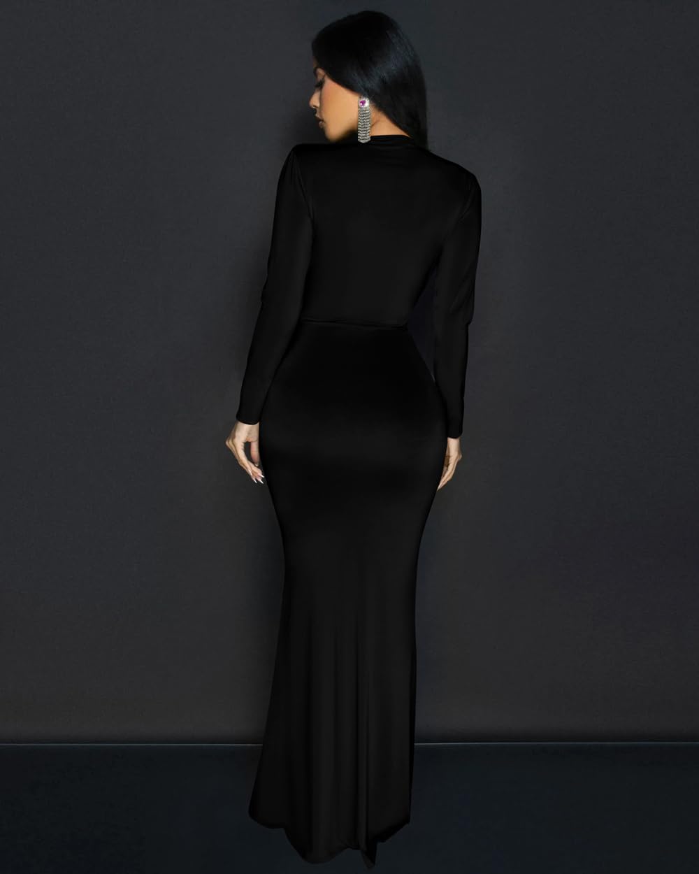 Memoriesea Women's Elegant Long Sleeve Deep V Neck Bodycon Party Evening Gown Maxi Dress - Image 5