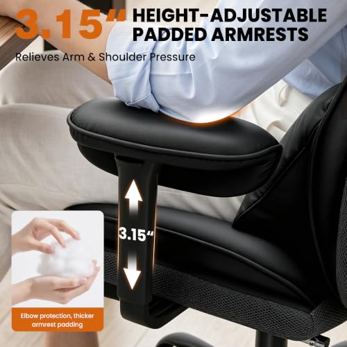 Image of Office Desk Chair, Big and Tall Gaming Chair with Foot Rest, Ergonomic High Back Computer Chair with Soft Adjustable Armrests, Lumbar Support Pillow, Executive Leather Chair (PU, Black)