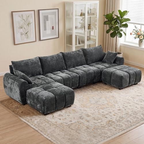 Image of 143 inch Oversized U Shaped Cloud Modular Sectional Sofa, Modern Chenille Upholstered 6 Seater Couch with 2 Removable Ottomans, Tufted Deep Seat & Wood Legs, Large Grey Sectional Couches for Living Room