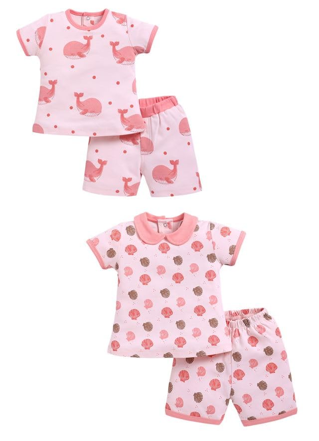 Image of Baby Girls 100% Cotton Printed Half Sleeve T-shirt & Short Summer Clothing Sets (Pack Of 2)