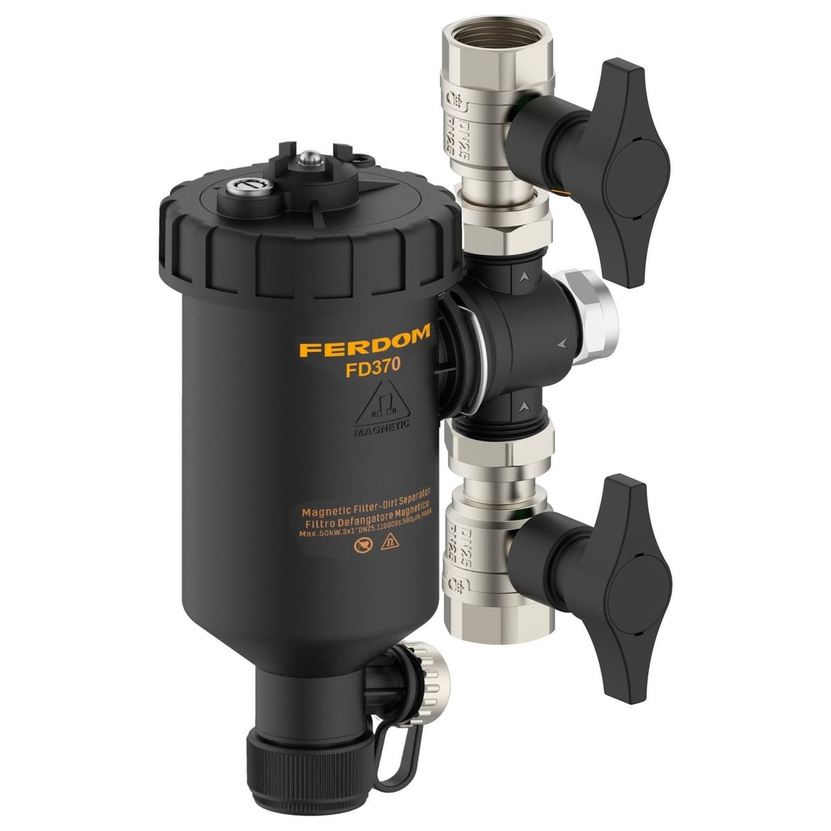 FERDOM FD372 MAXIM 1" (DN25) Filtro Magnético/Hidrociclón 11000Gs Para Sistemas de Calefacción. Separador de Partículas No Magnético-Acero Inoxidable 1000µm. Max.50kW. 3 Conexiones/360°+2 Válvulas 1"