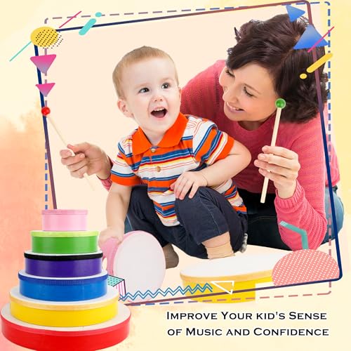 12 Set Hand Drums with Drum Sticks 12 Inch 10 Inch 8 Inch 7 Inch 6 Inch 4 Inch Wood Frame Drum Percussion Instruments for Kids Adults Church Party Beginners Gifts School - Thumbnail 4