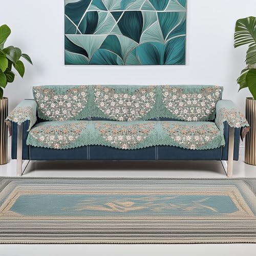 Image of Premium Chenille Woven Anti-Slip 3 Seater Sofa Cover with Arm Rest | L-Shape Sofa Seat Protector for Living Room | Durable & Stylish Slipcover - Teal Phoolkari