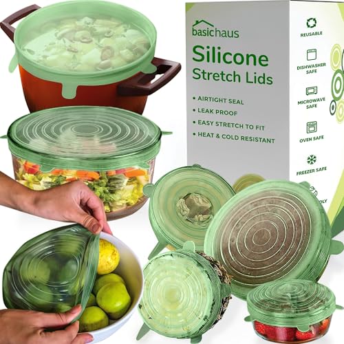 Image of Reusable Silicone Stretch Lids for Food Storage in Fridge - Elastic Heat-Resistant Bowl Covers, Cups, Cans, Jars - Universal Food Grade Lid for Containers - 7 Pack - Light Green Stretchy Lid Set