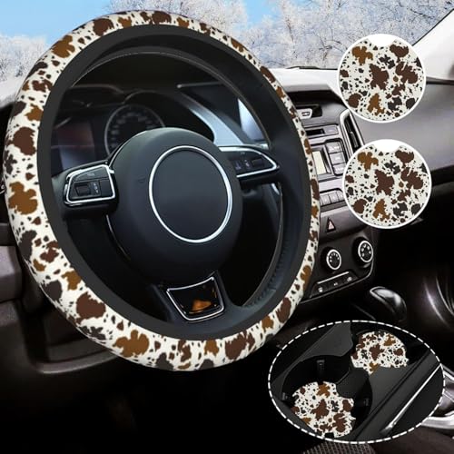 Brow Cow Print Steering Wheel Cover Universal Size 14.5-15 Inch Non-Slip Western Cow Car Accessories for Women Men