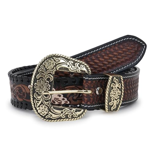 Image of Western Leather Belt for Men & Women, Floral Embossed Cowhide, Durable Rodeo Style for Jeans, Casual Wear & Country Outfits