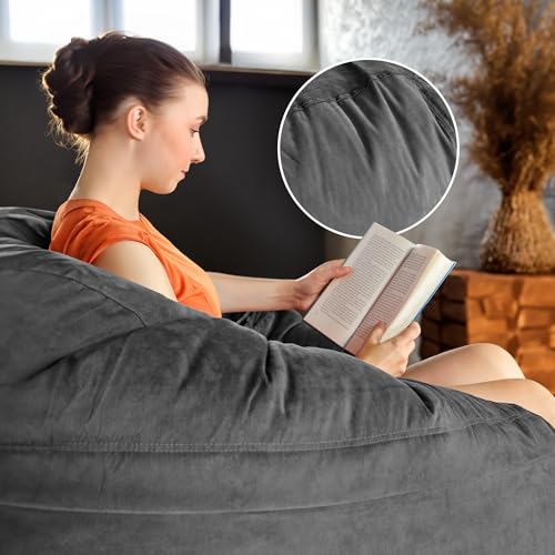 Green Bean Jumbo Max Riesensitzsack mit Memory-Schaum Flockenfüllung – Sitzsack XXL aus flauschigem Velours in 6ft (180x120cm) Dunkelgrau – Indoor Lounge-Sitzsack waschbar & gemütlich